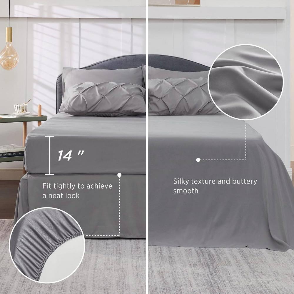 King Size Comforter Set - Bedding Set King 7 Pieces, Pintuck Bed in a Bag Grey Bed Set with Comforter, Sheets, Pillowcases & Shams
