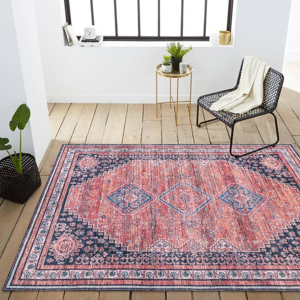 4' x 6' Dalyan Geometric Medallions Machine Washable Indoor/Outdoor Area Rug, Terra/Navy - JONATHAN Y