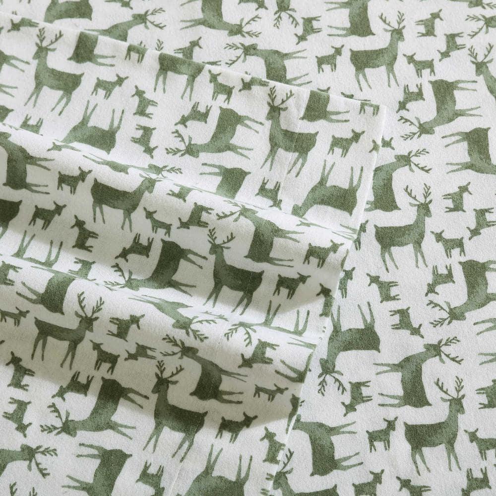 Eddie Bauer Deer Camp Green 100% Cotton Flannel Twin Sheet Set