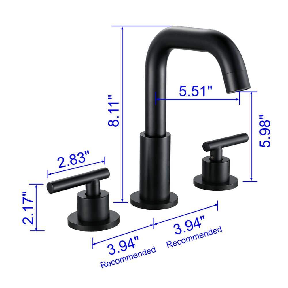 Matte Black 8 inch Widespread Bathroom Sink Faucet Vanity Lavatory Faucet for 3 Holes with Pop up Drain and 360 Degree Swivel Brass Spout