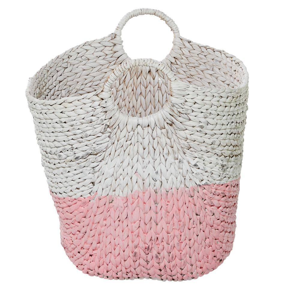 Cosmoliving by Cosmpolitan Seagrass Contemporary Woven Storage Basket 21"W x 19"H, with Daisy White Finish and Half Dipped Pink Accent