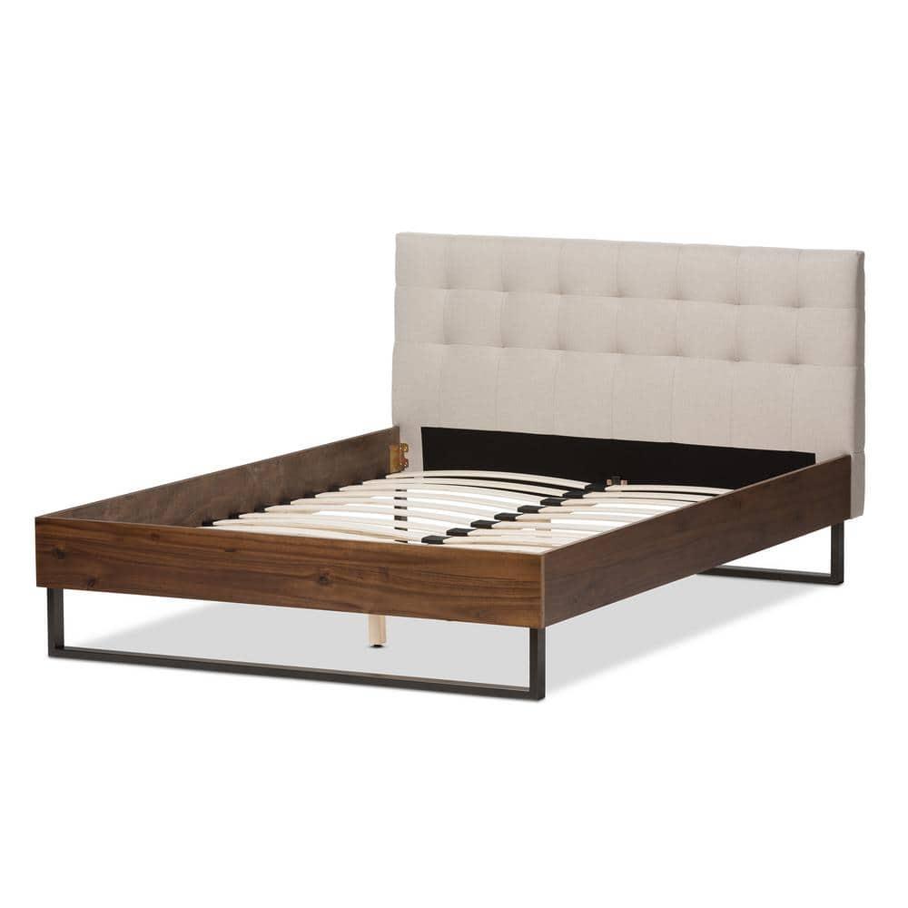 King Mitchell Rustic Industrial Walnut Wood and Fabric Metal Platform Bed Beige - Baxton Studio: Plywood & MDF, No Box Spring Needed