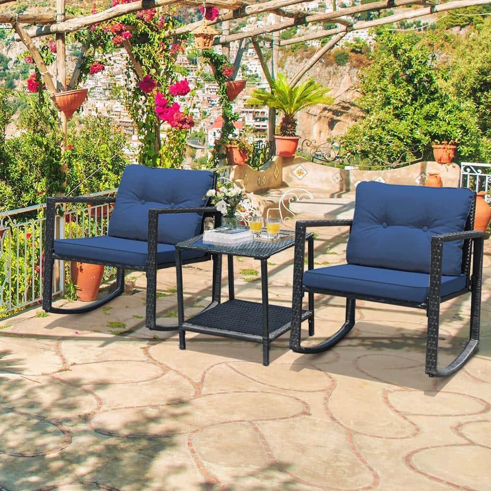 Spaco 3 Piece Rocking Bistro Set with Cushioned Sofa , Outdoor Furniture with Rocker Chairs and Coffee Table Set of 3, Balcony, Porch Furniture for Small Space, Navy