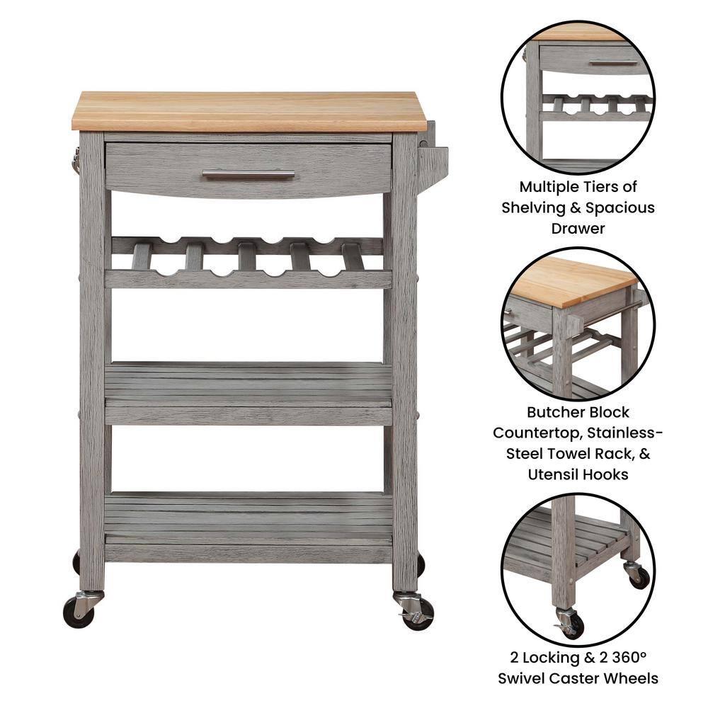 Ellaine Light Gray Solid Wood Butcher Block Kitchen Cart with Wine Rack
