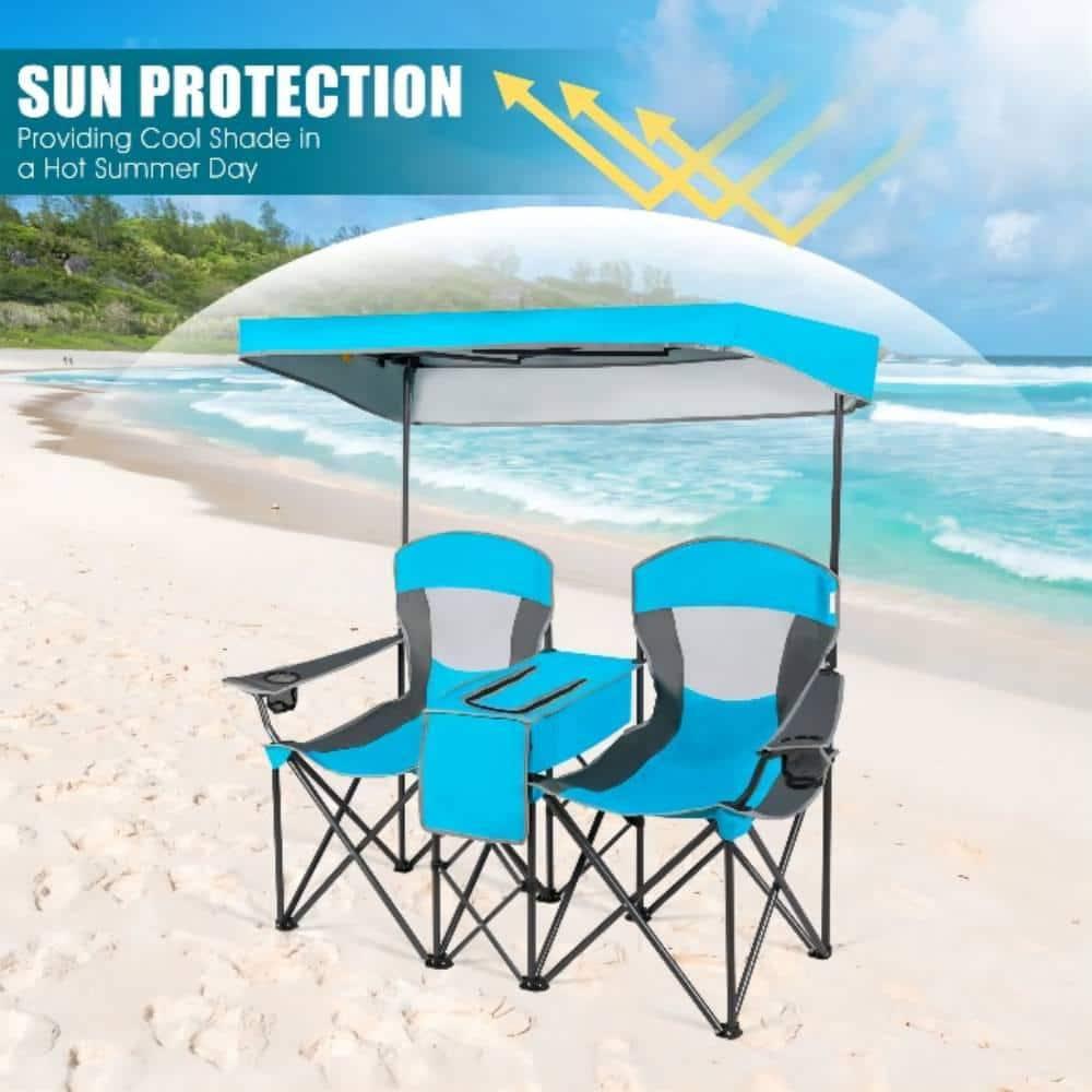 Spaco Portable Camping Chair with Umbrella and Back, Outdoor Folding Beach Canopy Chair with Cup Holder, Blue