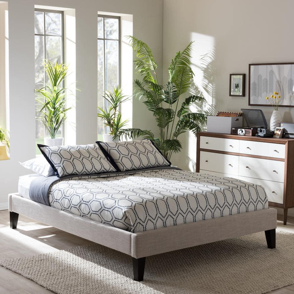 Baxton Studio Full Lancashire Modern and Contemporary Linen Fabric Upholstered Bed Frame with Tapered Legs Beige: Rubberwood & MDF Construction