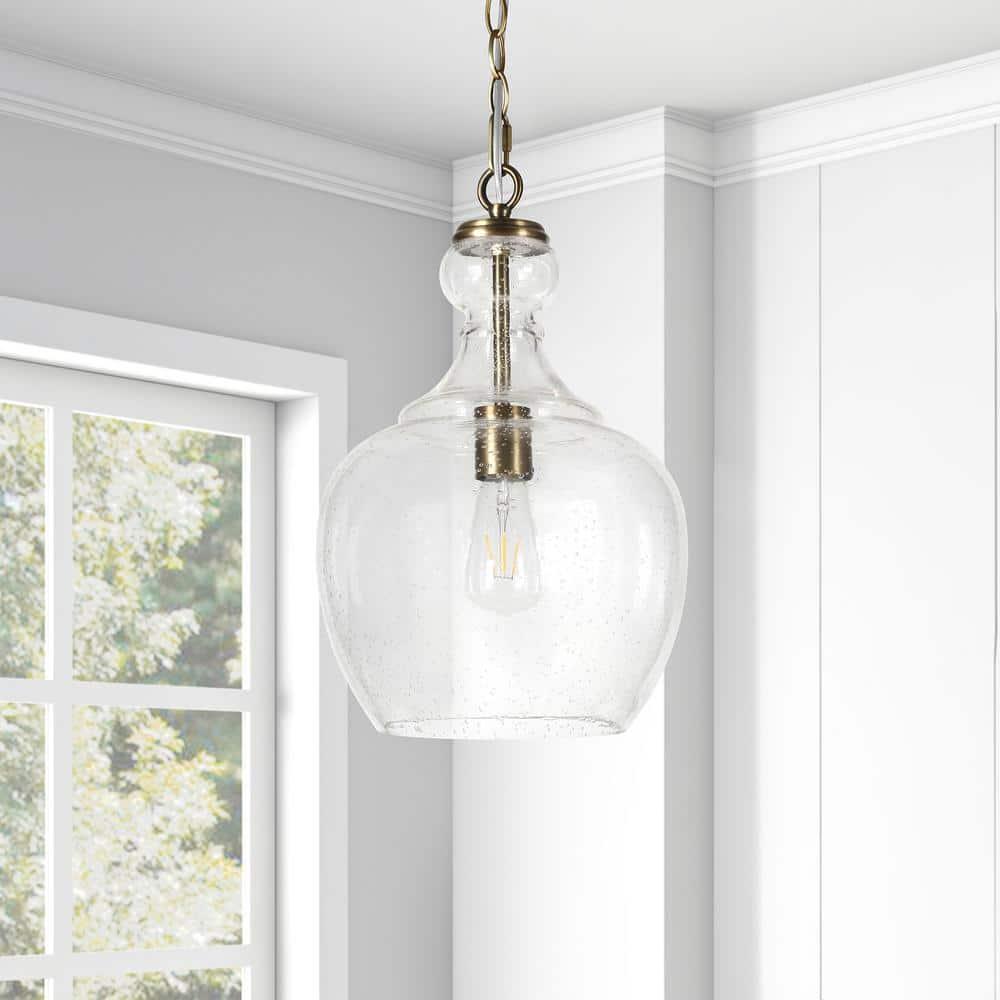 Henn&Hart 11" Wide Pendant with Glass Shade in Brass/Seeded, Pendant, Flush Mount Ceiling Light Fixture for Kitchen, Living Room