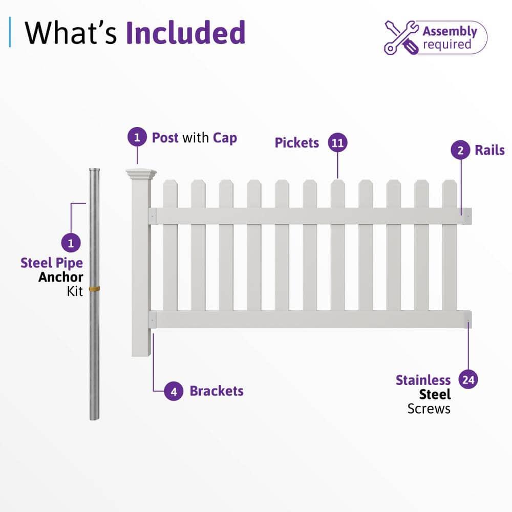 WamBam No-Dig Fence 3ft H x 6ft W (1 Panel + 1 Post) No Dig WamBam Newport Fence Kit, White Vinyl Picket Fence, Easy Install Outdoor Fence for Backyard or Patio, DIY Decorative Fencing, ZP19002