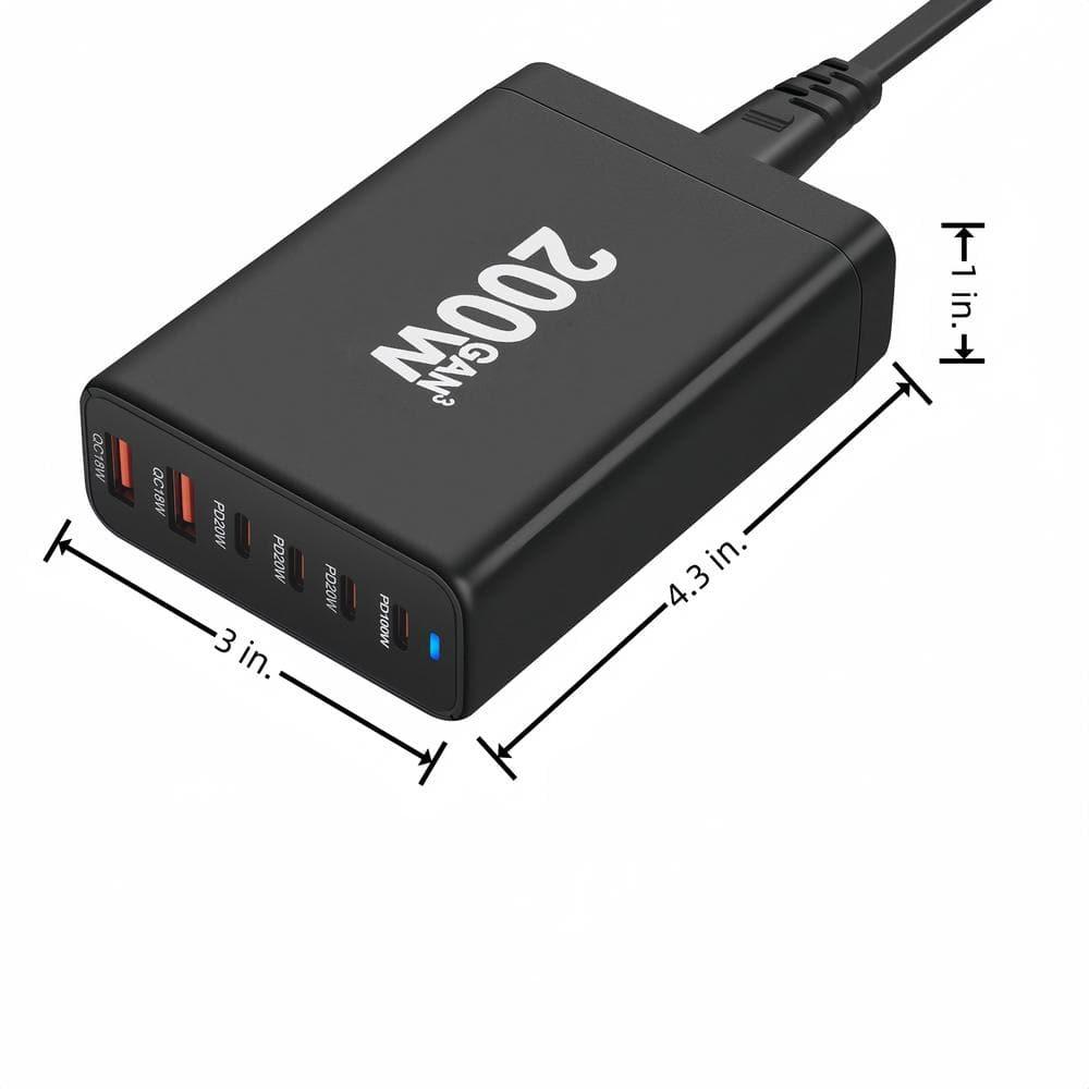 Black 200-Watt Fast Charging Station with 6 Ports