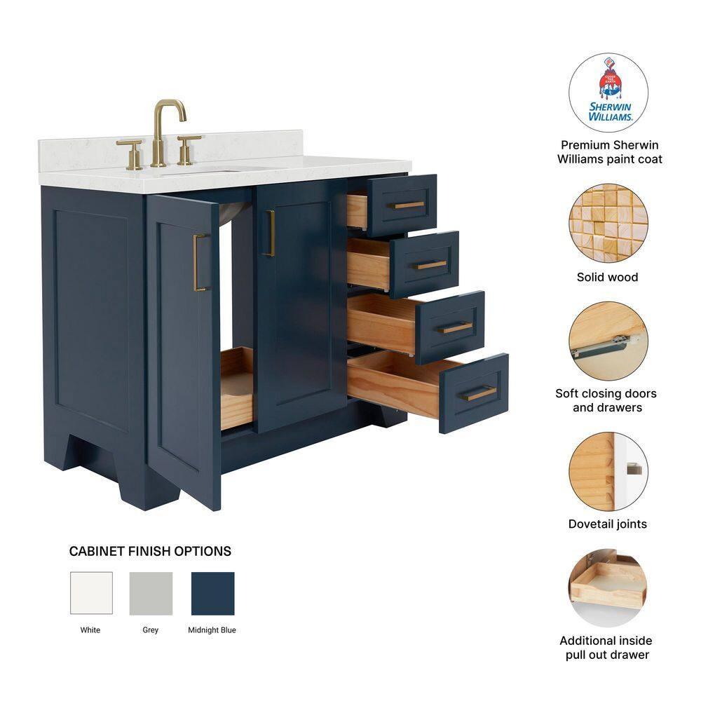 Freitas 42'' Solid Wood Single Bathroom Vanity with 1.5'' Carrara Quartz Top, Left Offset Rectangular Sink