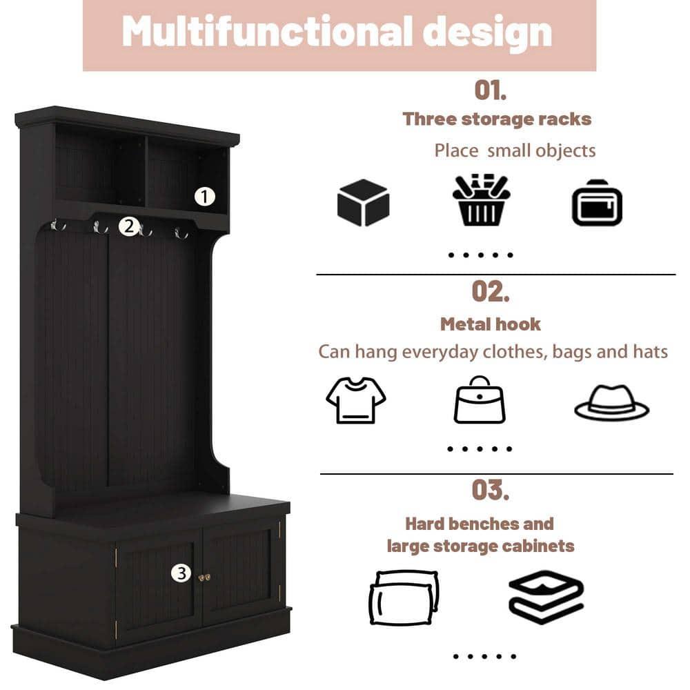 Infinity Hall Tree with Storage Shoe Bench for Entryway and Hallway, 4-in-1 Design Coat Racks with 4 Hooks for Living Room, Black