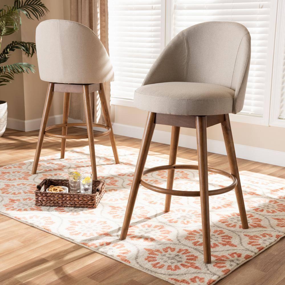 Baxton Studio Carra Mid-Century Modern Light Beige Fabric Upholstered Walnut-Finished Wood Swivel Bar Stool Set of 2