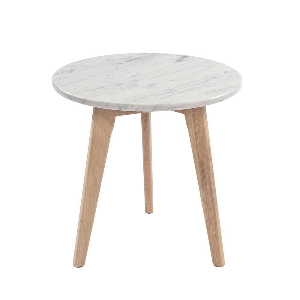 15 in. Cherie Round Italian Carrara White Marble Table with Oak Legs