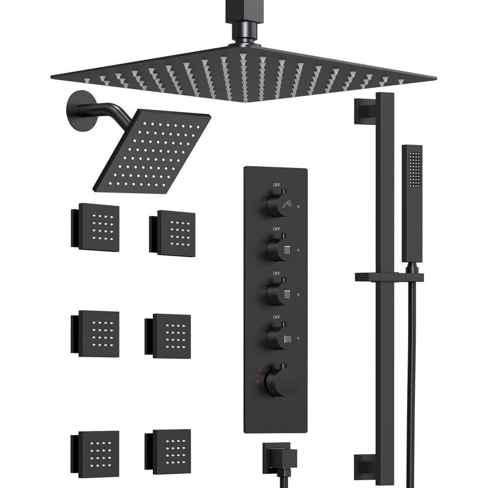 GRANDJOY 16 inch Complete Dual Shower Head System, Celling Mounted Shower Faucet Set with Hand Shower Head, Rough in-Valve, 6 Massage Body Jets - Matte Black