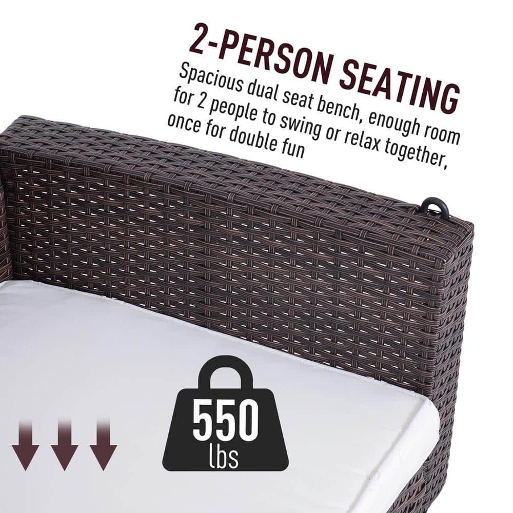 Outsunny 2 Person Wicker Hanging Swing Bench, Front Porch Swing Outdoor Chair with Cushions for Backyard, Garden, Brown