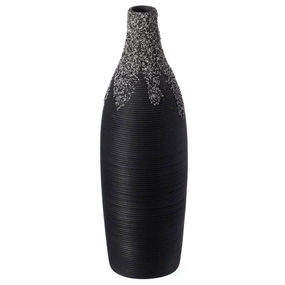 Uniquewise 9 Inch Modern Decorative Ceramic Table Vase Ripped Design Bottle Shape Flower Holder, Black