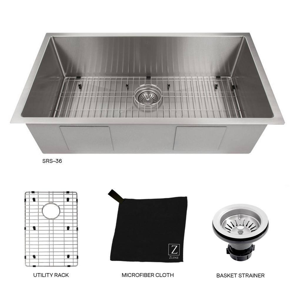 ZLINE SRS-36 ZLINE 36 in. Meribel Undermount Single Bowl Stainless Steel Kitchen Sink W/ Bottom Grid (SRS-36)