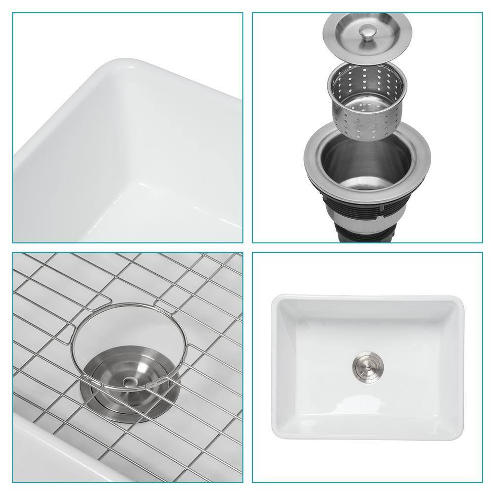 24 Inch Farmhouse Sink , White Farm Sink for Small Kitchen and Laundry, Luxury Fireclay Porcelain Ceramic Apron Sink Single Basin with Bottom Grid and Strainer
