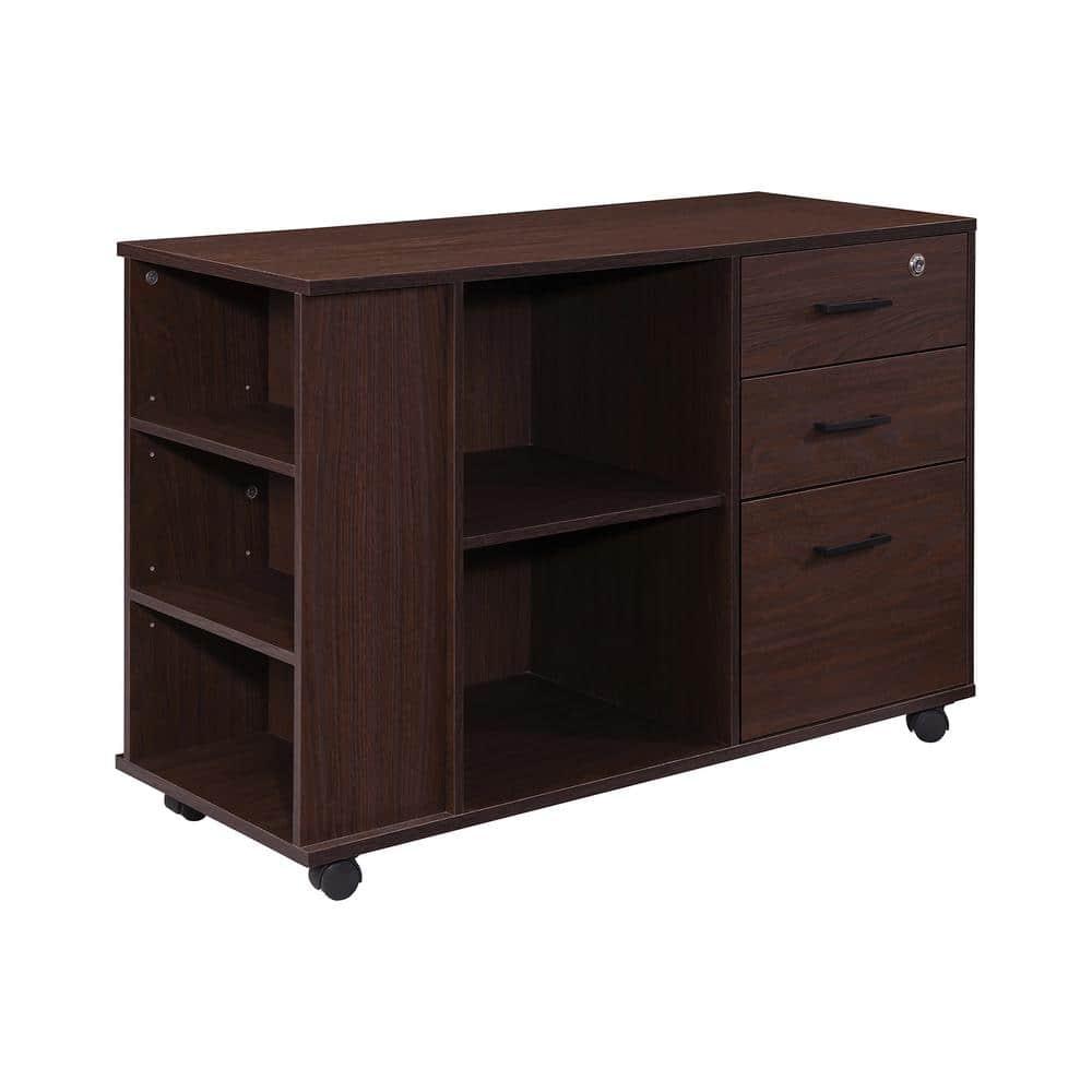 AndMakers 3-Drawer 39in. W Rolling Lateral Walnut Filing Cabinet with Locker and Open Storage Shelves for Home Office and Kids Room
