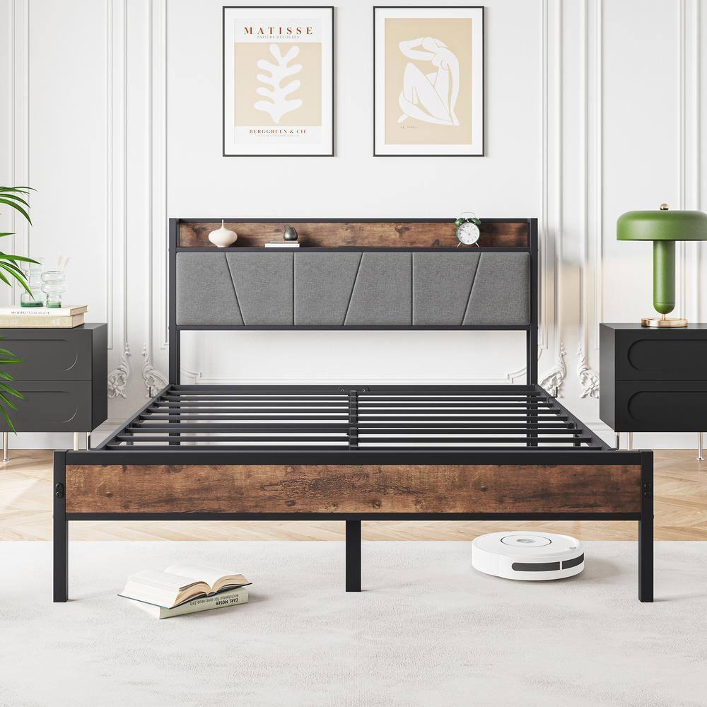 BTMWAY Queen Size Bed Frame for Kids, New Upgraded Metal Queen Platform Bed with Storage Headboard with Charging Station, Bedroom Metal Bed for Teens Adults, Holds 400lbs, No Box Spring Needed, Black