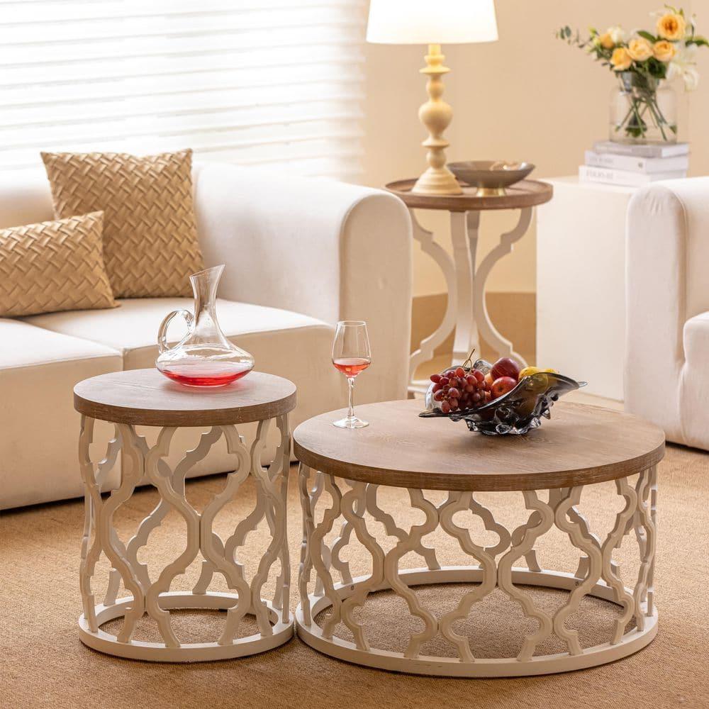 COZAYH Rustic Coffee Table, Distressed Wood Top Table with Curved Motif Frame Base for Boho, Farmhouse Decor, Round