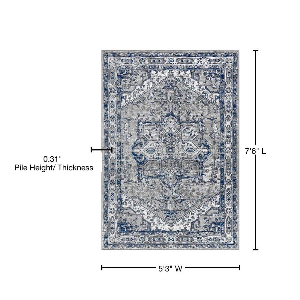 5'x8' Modern Persian Vintage Medallion Area Rug, Light Grey/Navy - JONATHAN Y