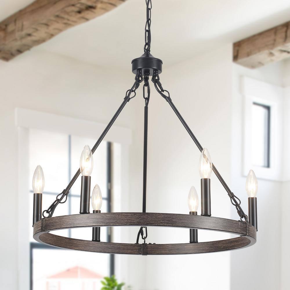 22.04 in. 6-Light Black Rustic Farmhouse Chandelier, Wagon Wheel Chandelier for Dining Room Living Room Bedroom Kitchen Black