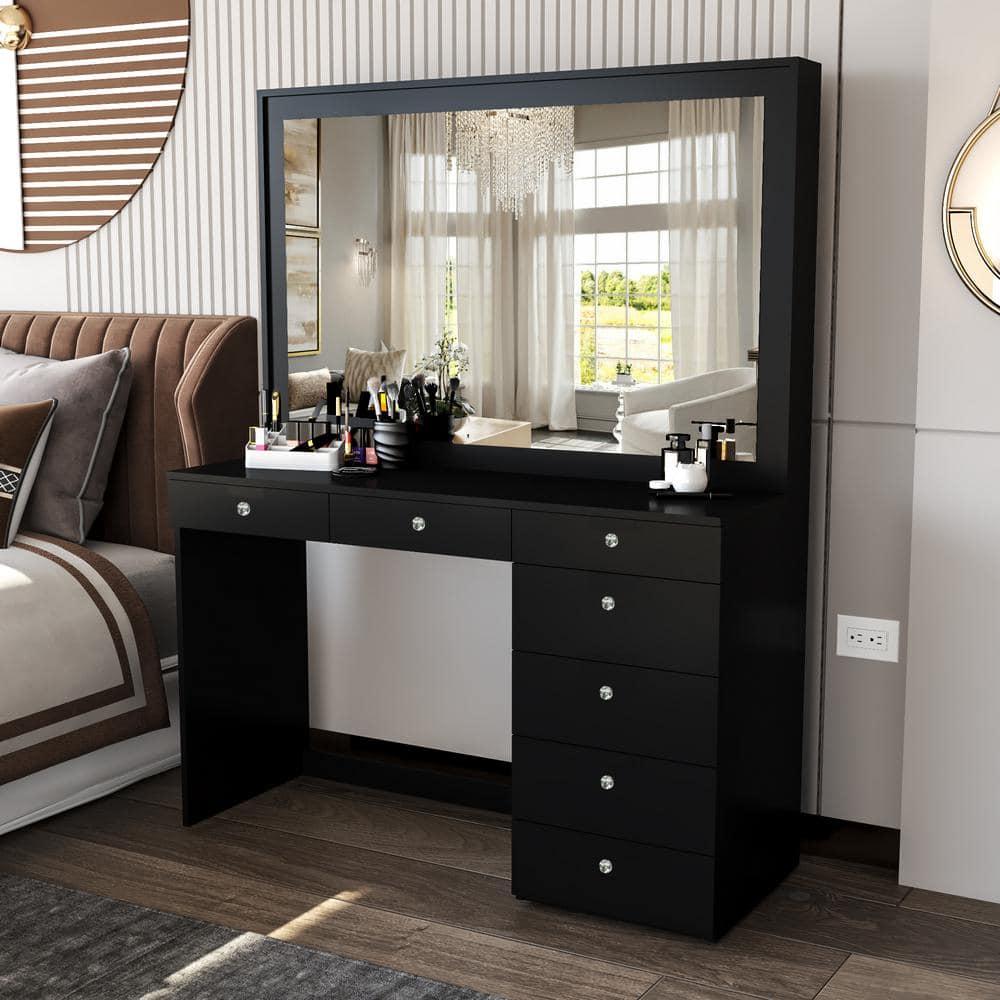 Boahaus LLC Boahaus Joan Large Modern Makeup Vanity Table with Big Mirror, 7 Drawers and Power Outlet