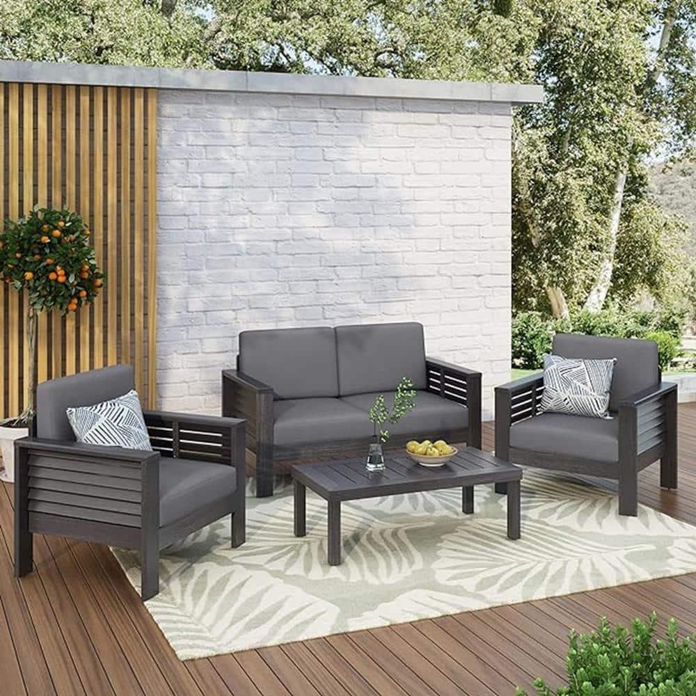 Christopher Knight Home Rabun Outdoor Acacia Wood 4 Seater Chat Set with Cushions, Dark Gray