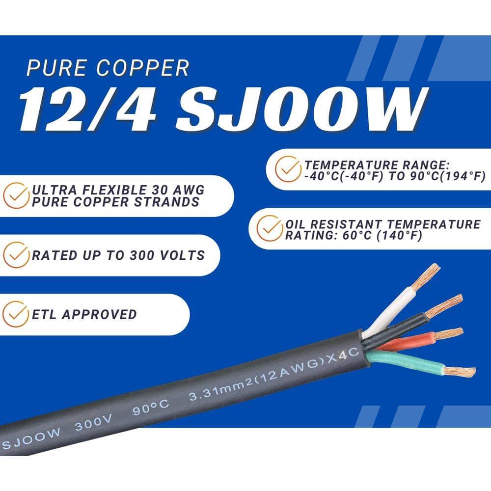 WindyNation 10 Feet 12/4 12 Gauge 4 Conductor Black SJOOW Cable