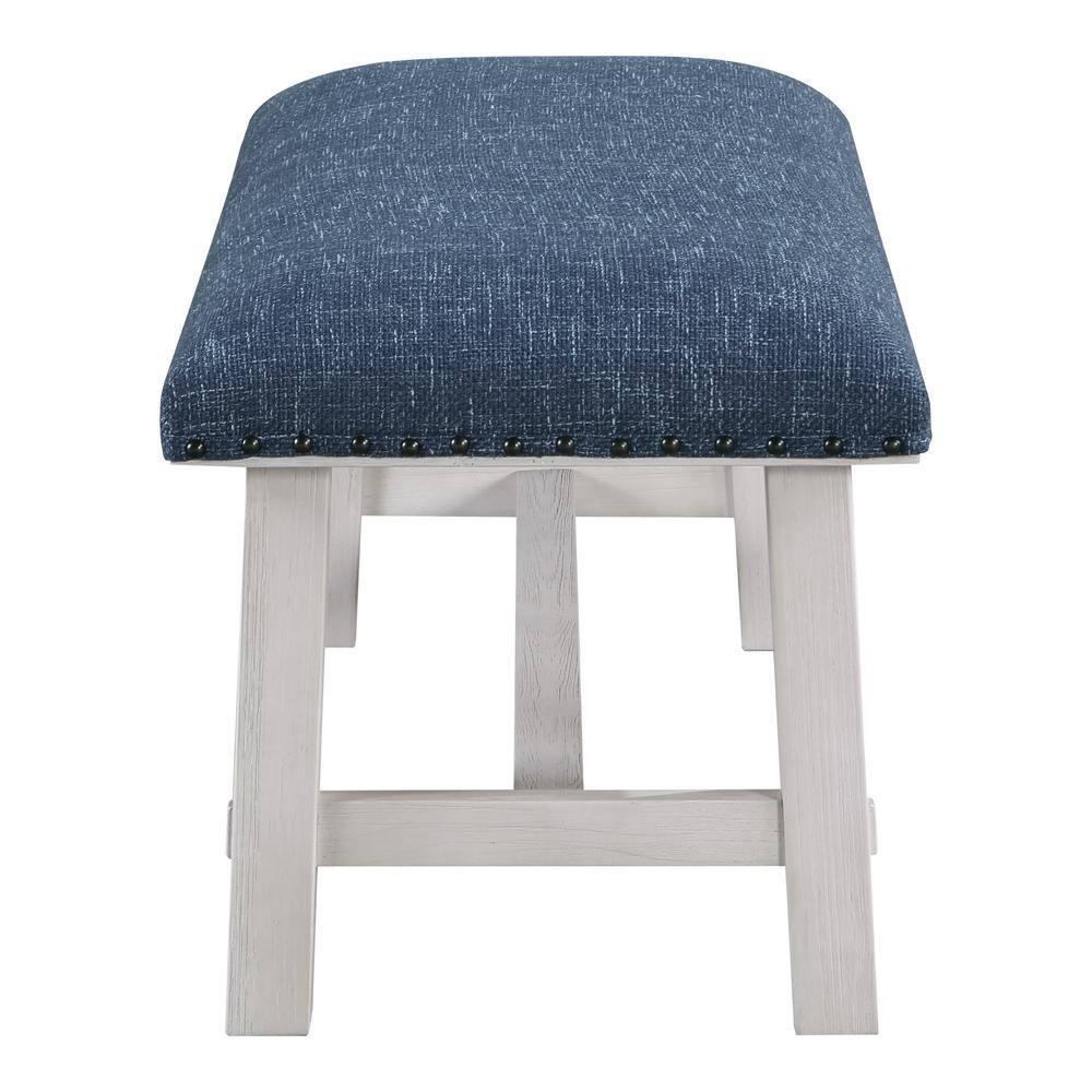 Callen Bench with White Wash Frame and Bronze Nailhead Trim in Navy Fabric