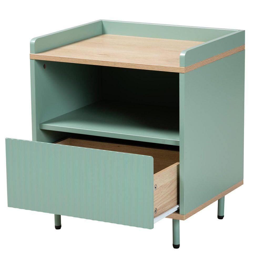 Tavita Two-Tone Wood 1 Drawer End Table Oak Brown/Mint Green - Baxton Studio: Side Table with Storage Shelf