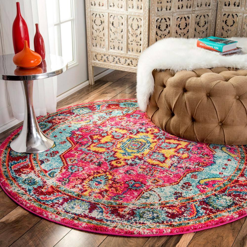 nuLOOM 4' Round Vintage Corbett Area Rug: Bohemian Medallion, Multicolor, Low Pile, Indoor, 4ft Round Rug