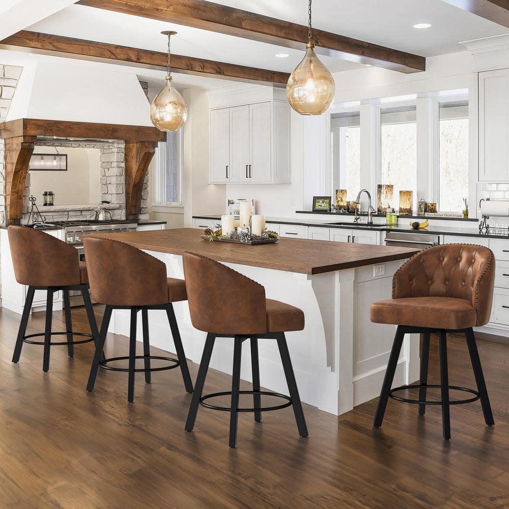 Dycanpo 26" Tall Counter Height Bar Stools Set of 4 with Back Faux Leather for Home Kitchen, Brown