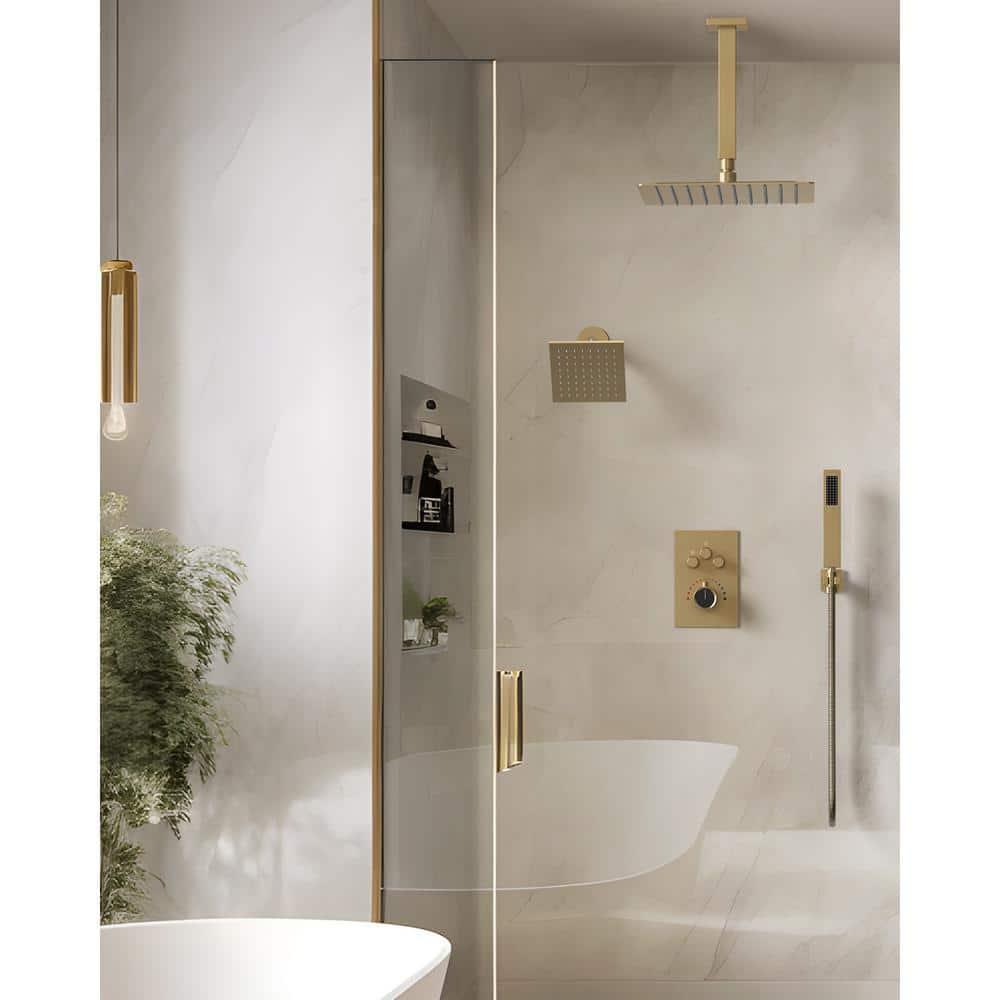 GRANDJOY Dual Wall Mount Rainfall Shower Head System Adjustable 12 inch & 6 inch Shower Faucet Set with Handheld Shower Spray Thermostatic Pressure Balance Value, Brushed Gold