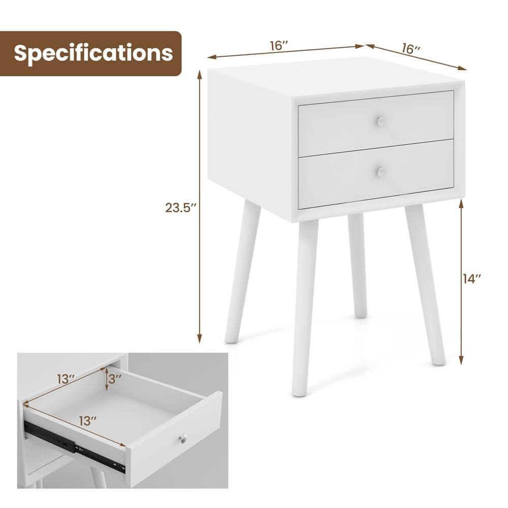 Costway End Table W/Drawers and Storage Wooden Mid-Century Accent Side Table Multipurpose for Bedroom Living Room Home Furniture Nightstand-White