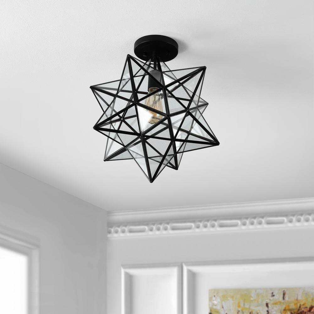 Ava 14.5" 1-Light Farmhouse Bohemian Iron/Glass LED Semi Flush Mount, Black/Clear