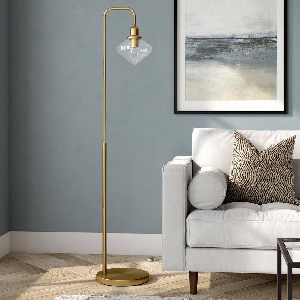 Evelyn&Zoe Zariza Arc Floor Lamp with Glass Shade, Brass/Clear