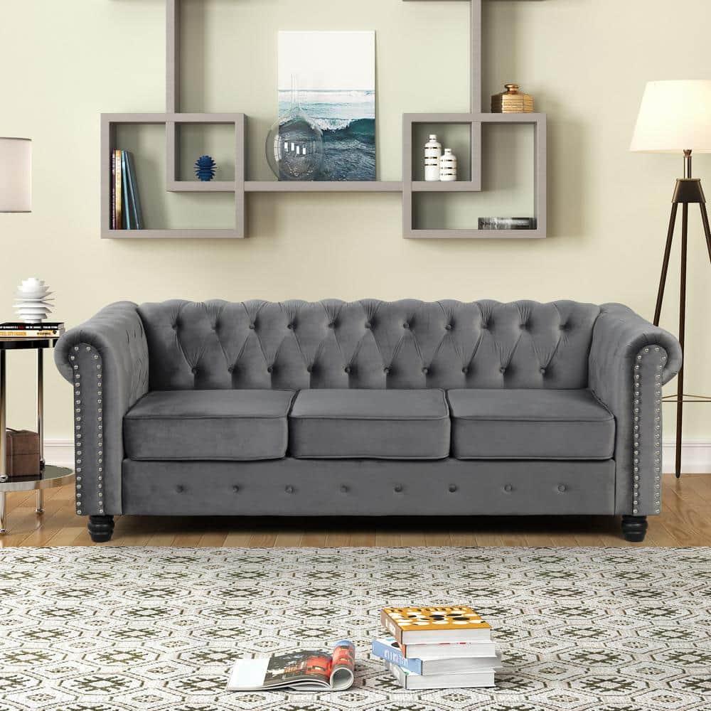 Velvet Couches for Living Room Sets, Chair and Sofa 2 Pieces Top in Gray
