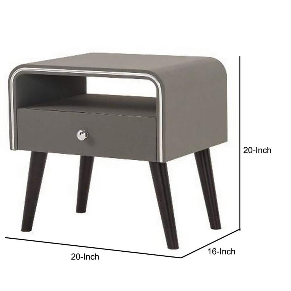 Curved Edge 1 Drawer Nightstand with Chrome Trim, Gray & Brown