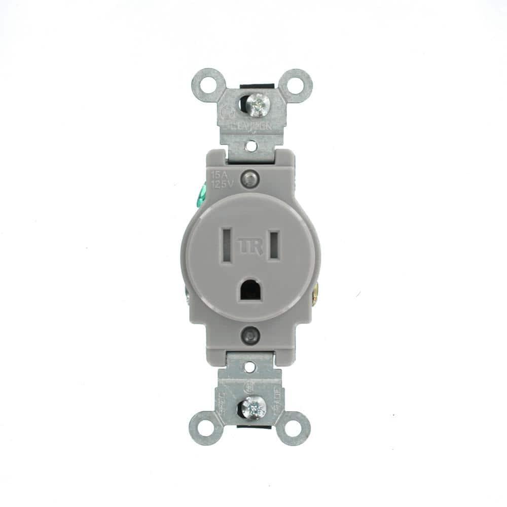 Leviton Commercial Grade, Grounding, 15 Amp, 125 Volt, 2P, 3W, Narrow Body Single Receptacle, Straight Blade, Tamper Resistant, T5015-GY, Gray
