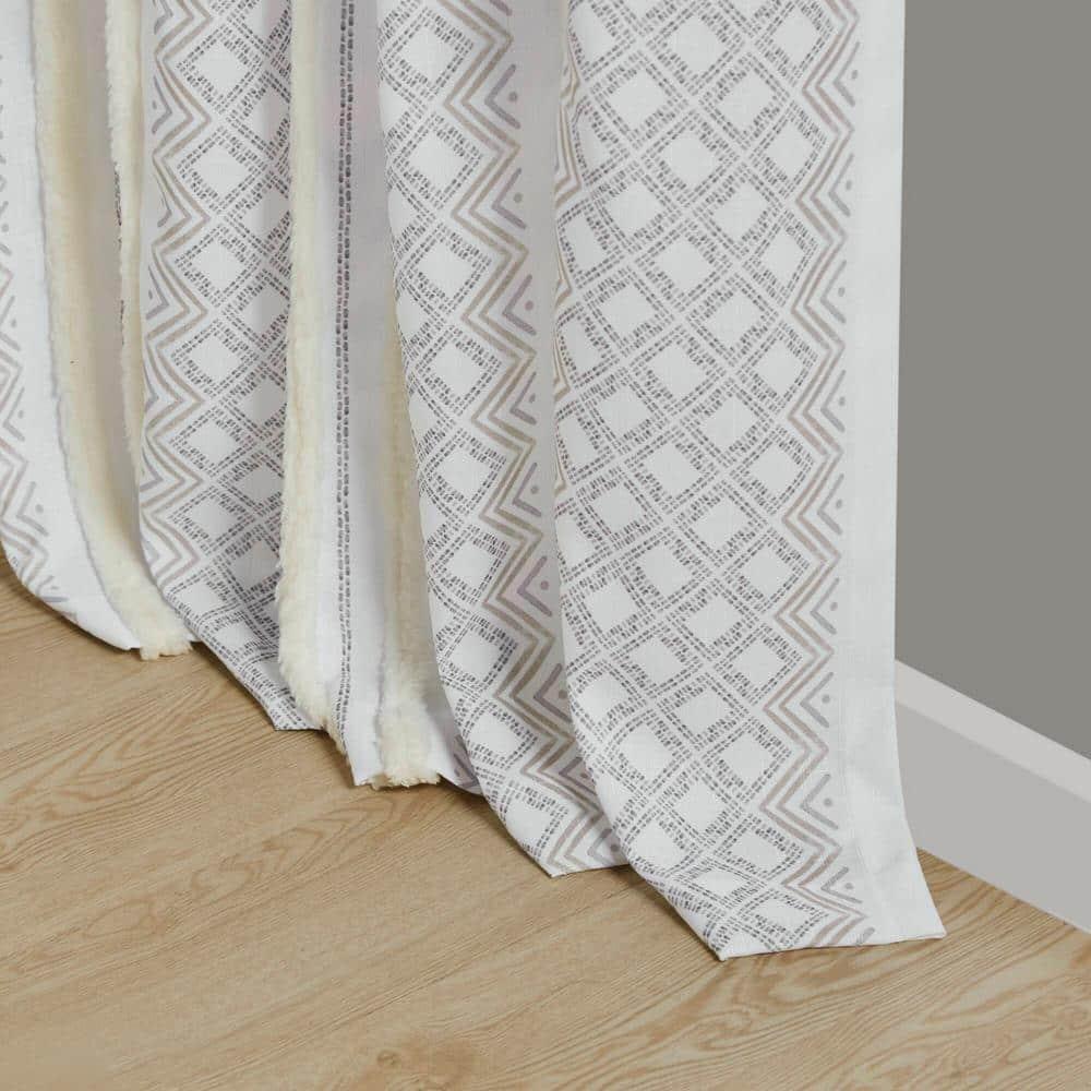 Ebby White and Taupe Geometric Velvet Polyester Window Panels