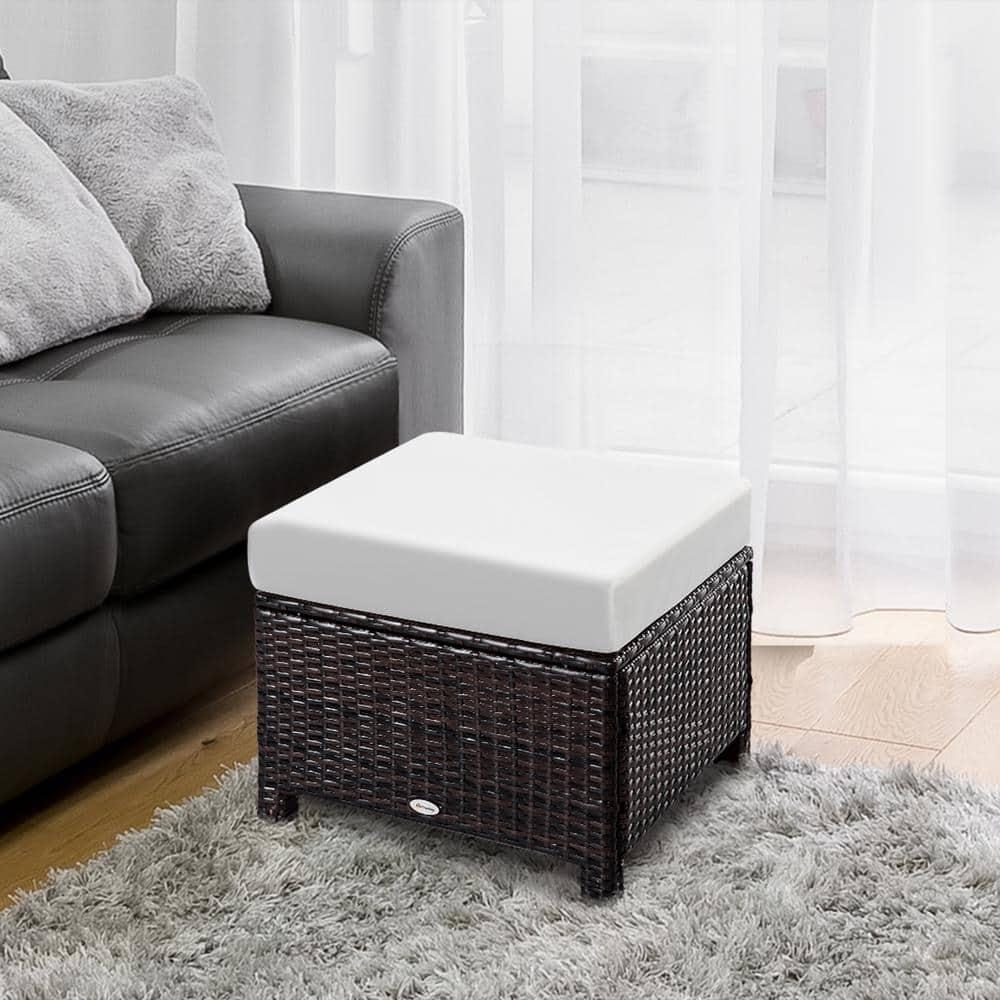 Outsunny 20" Outdoor Ottoman, PE Plastic Rattan Wicker, Fade-Resistant Patio Footrest with Soft Cushion, Steel Frame, Dark Brown, Cream White