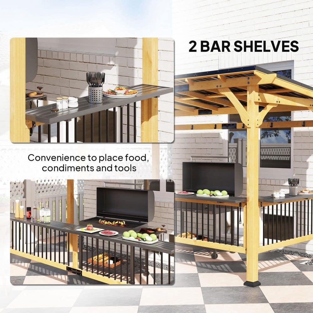 Outsunny 13' x 6' Wooden Grill Gazebo, Hardtop Outdoor BBQ Gazebo with with Metal Roof, 2 Bar Shelves and 6 Hooks for Patio, Deck, Yard, Natural