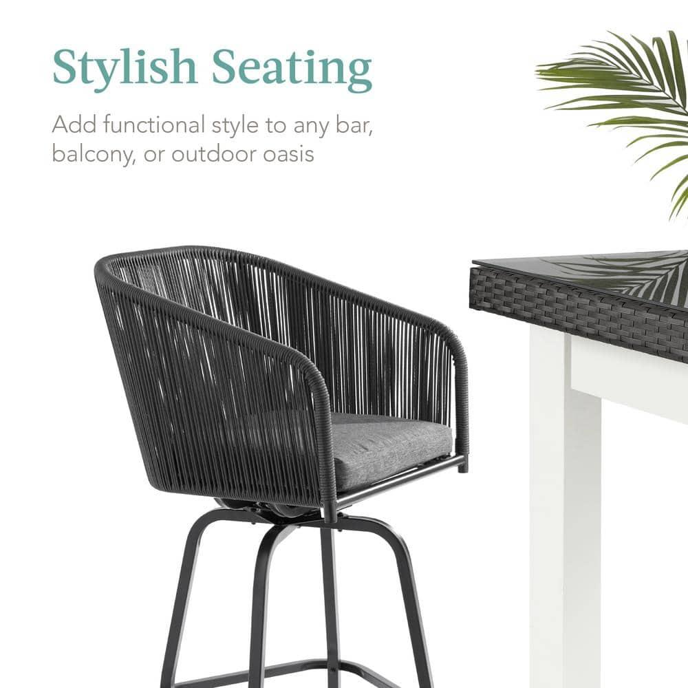 Best Choice Products Set of 2 Woven Wicker Swivel Barstools, Patio Bar Height Chairs w/ 360 Rotation - Black/Gray