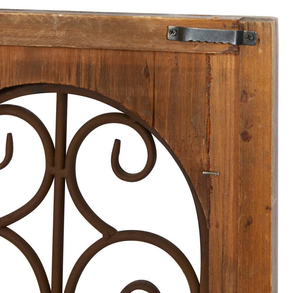 Deco 79 Wood Scroll Home Wall Decor Window Inspired Wall Sculpture with Metal Scrollwork Relief, Wall Art 11" x 2" x 23", Brown