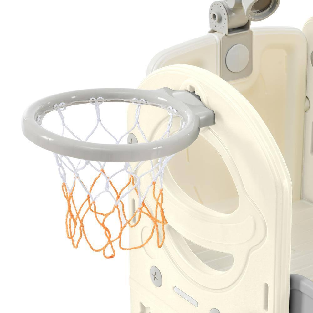 Gray and White 7-in-1 Freestanding Spaceship Playset with Slide, Telescope and Basketball Hoop