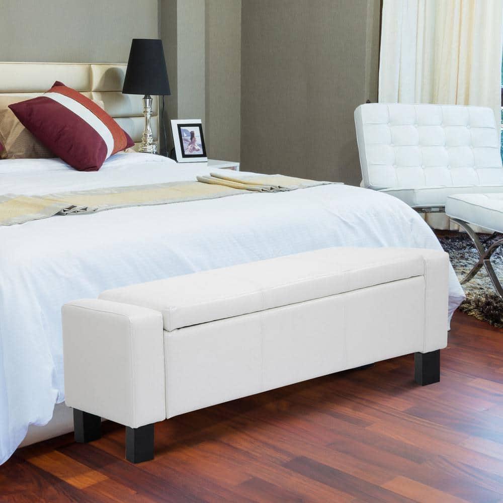 CCBIUOMBO 42\u201D Faux Leather  Ottoman Bench Organizer Chest Rectangular Footstool with Hinged Lid for Living Room  Entryway  or Bedroom - Cream White