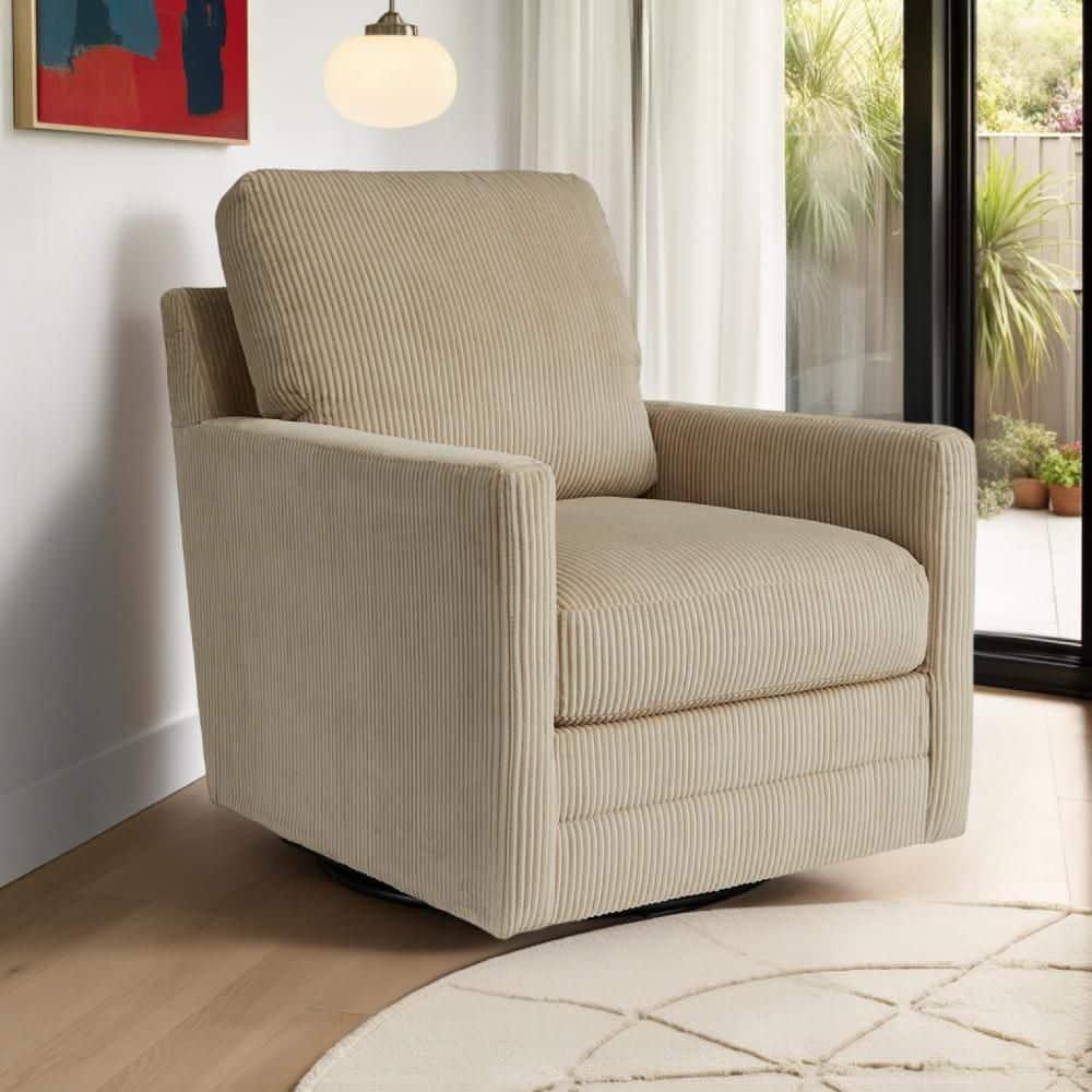 Beige Corduroy Swivel Accent Chair with Plush Cushions