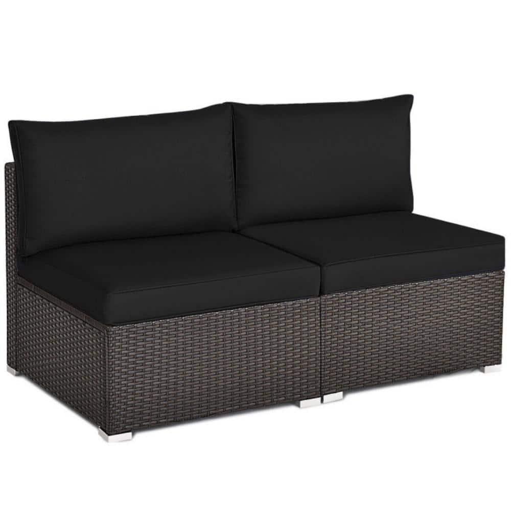 Costway 2PCS Patio Rattan Armless Sofa Sectional Furniture Conversation W/Black Cushion
